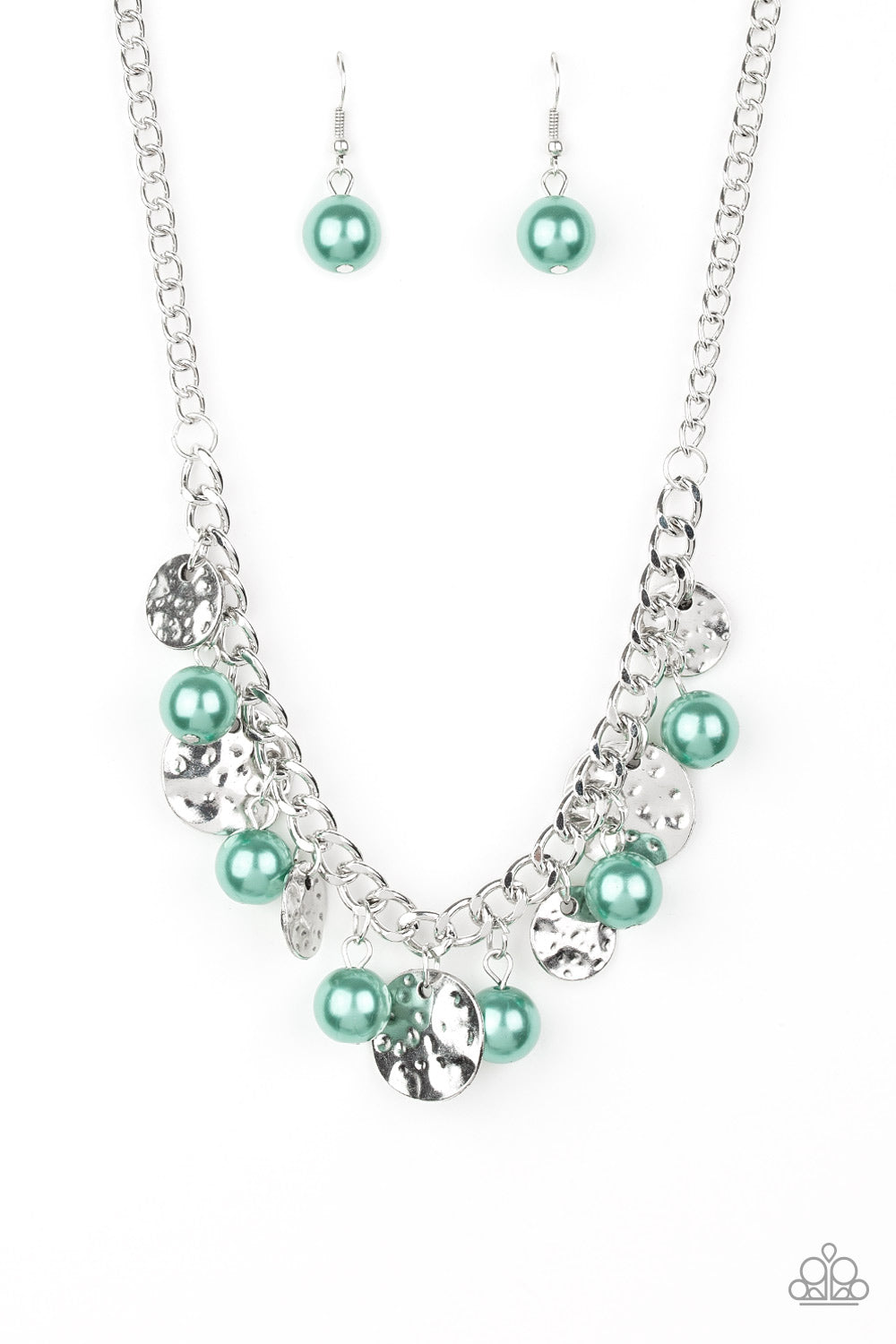 Seaside Sophistication - Green Pearl & Hammered Silver Disc Paparazzi Necklace & matching earrings