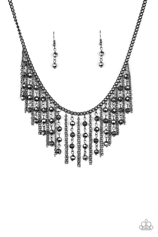 Rebel Remix - Gunmetal Faceted Beads/Gunmetal Chain Edgy Fringe Paparazzi Necklace & matching earrings