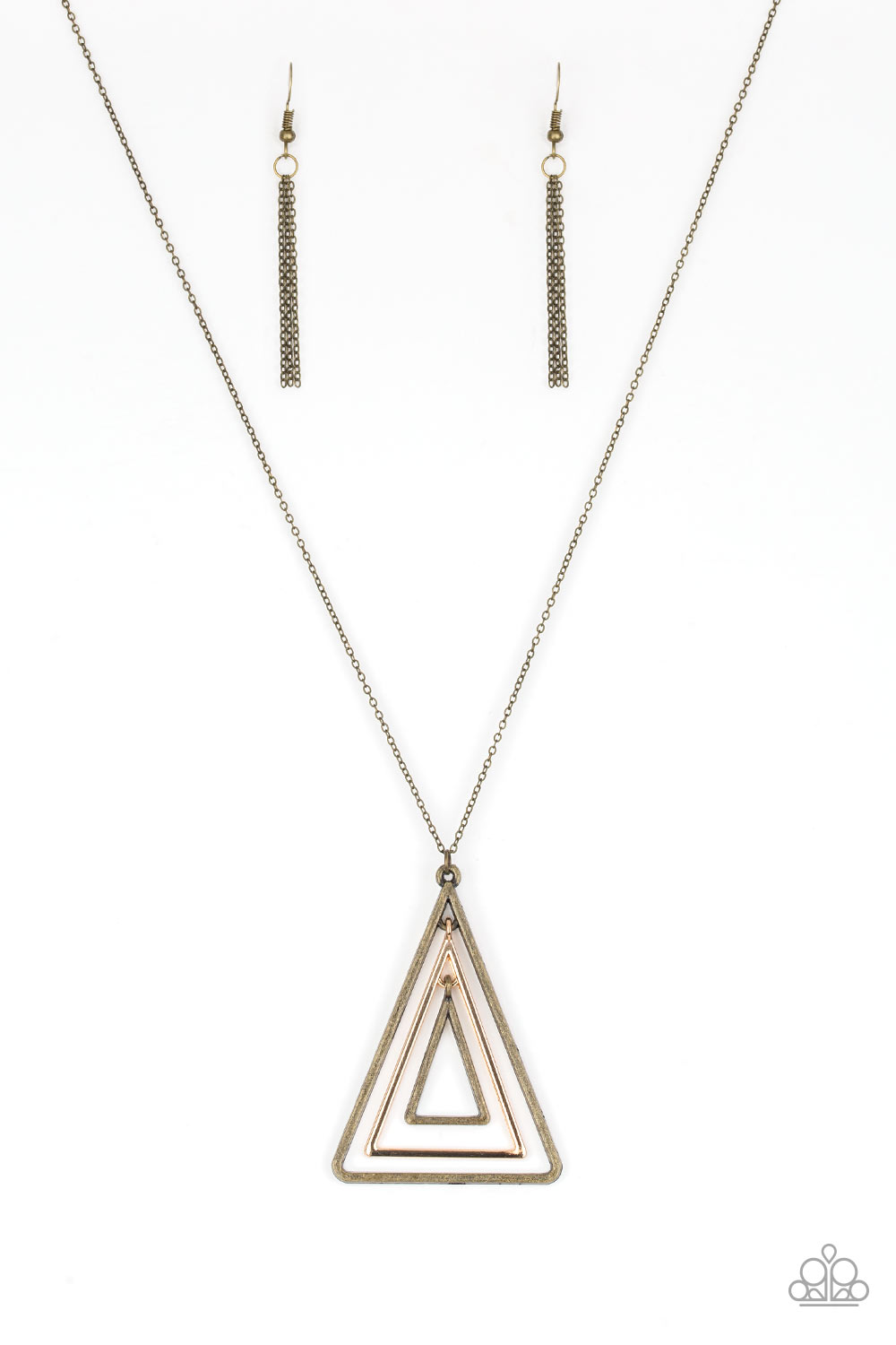 TRI Harder - Brass & Gold Triangular Frame Stacked Pendant Necklace & matching earrings