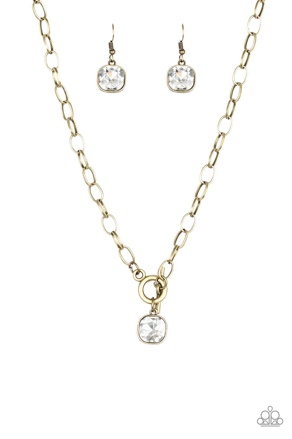 Dynamite Dazzle - Brass Chain/White Gem Pendant Paparazzi Toggle Necklace & matching earrings