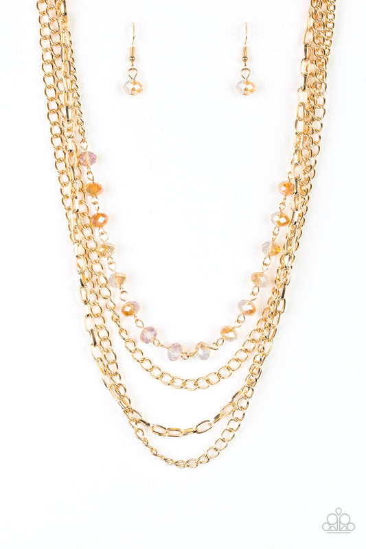Extravagant Elegance - Gold Crystal Bead/Gold Chains Necklace & matching Earrings