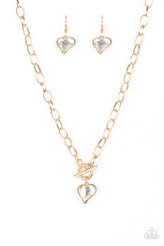 Princeton Princess - Gold Chain/Whimsical Heart White Gem Toggle Necklace & matching earrings