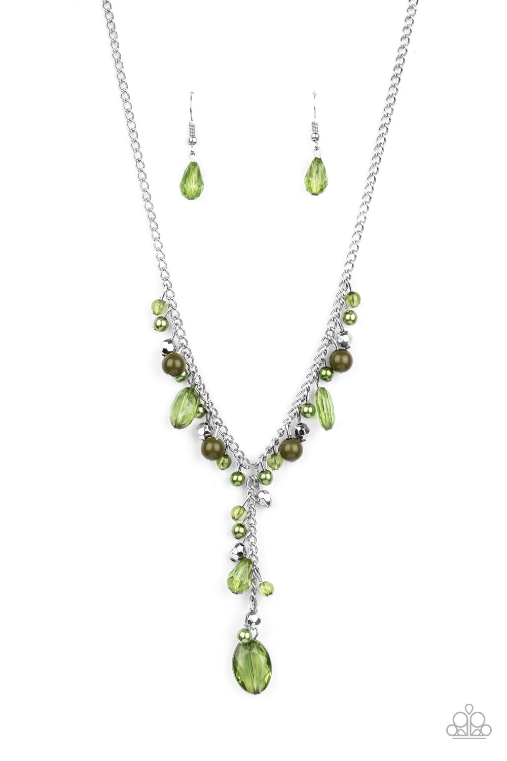 Crystal Couture - Green Crystal-Like Beads & Silver Faceted Beaded Paparazzi Necklace & matching earrings