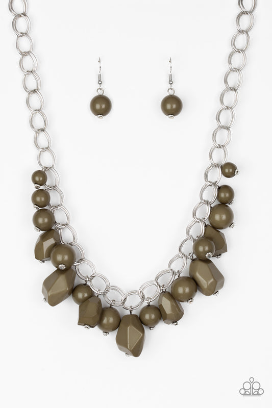 Gorgeously Globetrotter - Green/Martini Olive Smooth & Faceted Beaded Chain Link Necklace & matching earrings