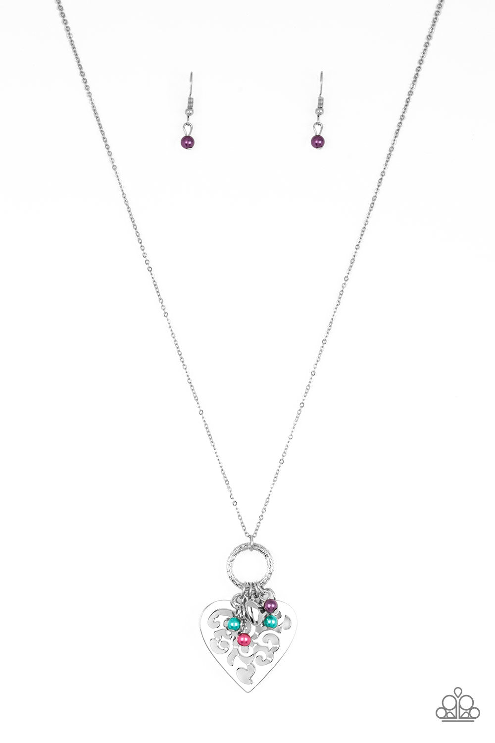 Romeo Romance - Multi Pearls/Silver Heart Charm/Stenciled Silver Heart Pendant Paparazzi Necklace & matching earrings