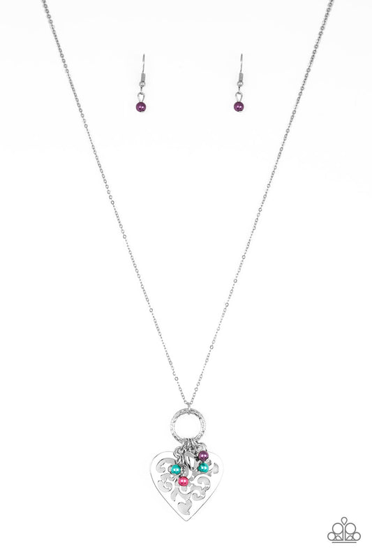 Romeo Romance - Multi Pearls/Silver Heart Charm/Stenciled Silver Heart Pendant Paparazzi Necklace & matching earrings