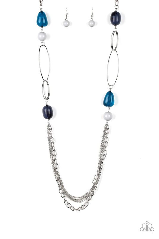 Pleasant Promenade - Multi Gray and Blue Faux Rock Beads/Bold Silver Hoops Necklace & matching earrings