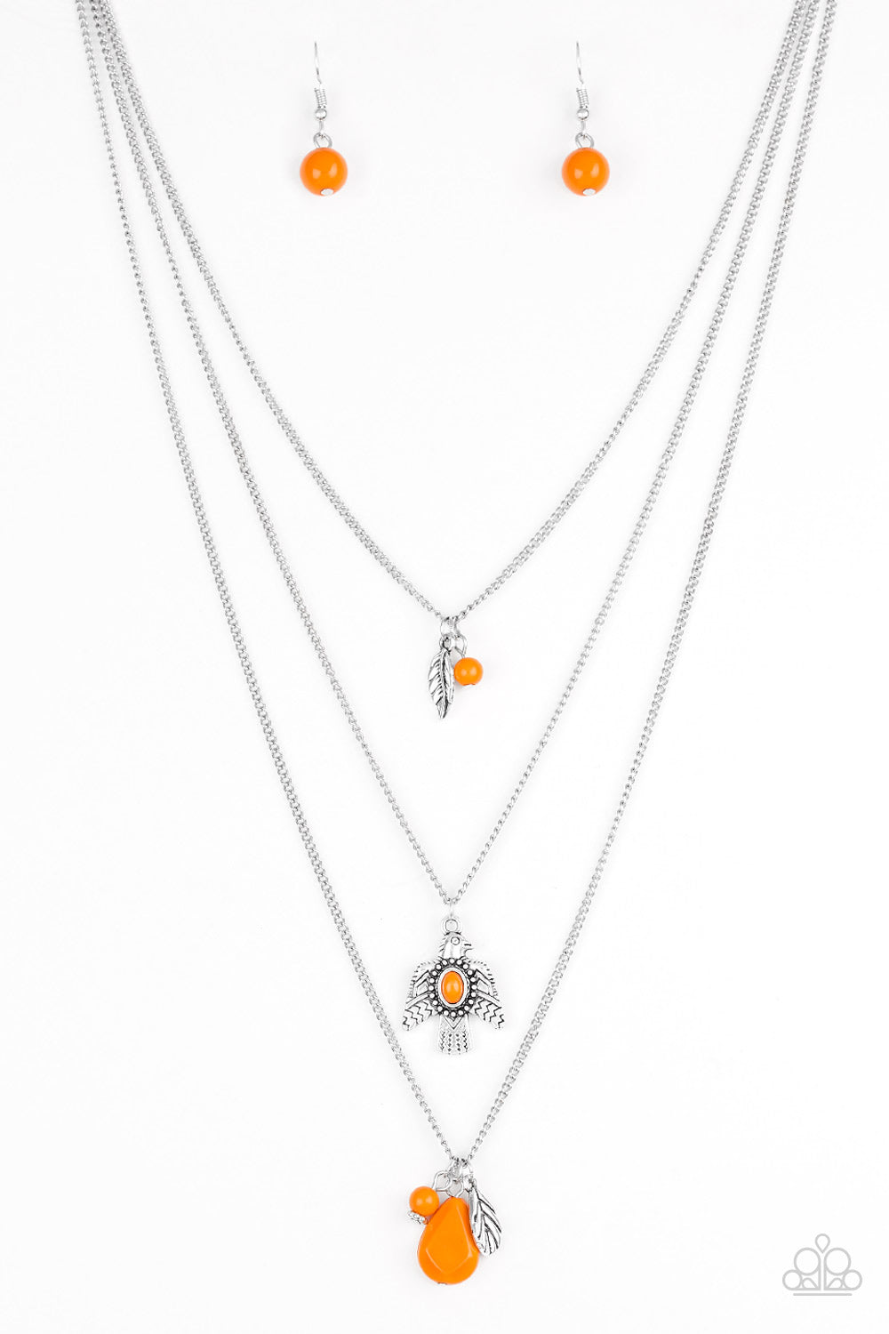 Soar With The Eagles - Orange Beads/Silver Feather Charm/Eagle Pendant Triple Layer Paparazzi Necklace & matching earrings