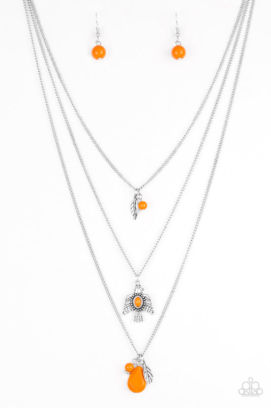 Soar With The Eagles - Orange Beads/Silver Feather Charm/Eagle Pendant Triple Layer Paparazzi Necklace & matching earrings