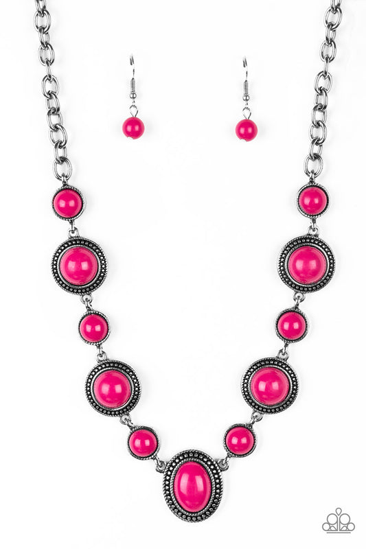 Voyager Vibes - Pink Beaded Studded Silver Frames Necklace & matching earrings