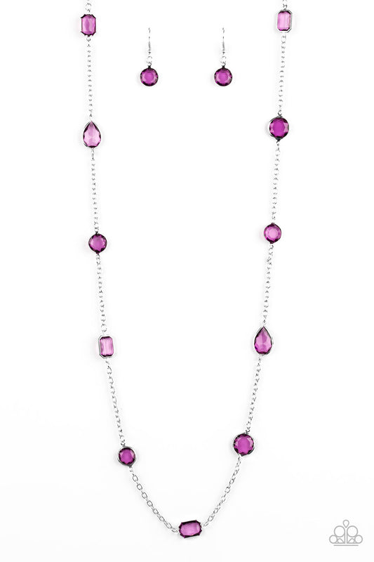 Glassy Glamorous - Purple Glassy Gemstones/Shimmery Silver Chain Necklace & matching earrings