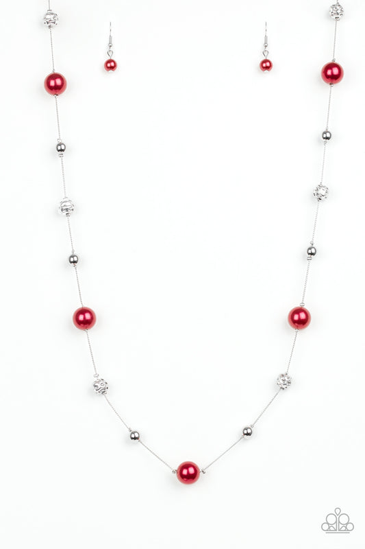 Eloquently Eloquent - Red Pearl & Silver Beaded Elongated Paparazzi Necklace & matching earrings