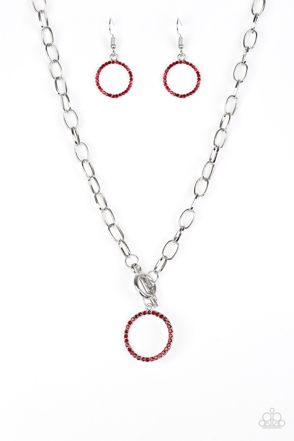 All In Favor - Red Rhinestone Encrusted Pendant Paparazzi Toggle Necklace & matching earrings