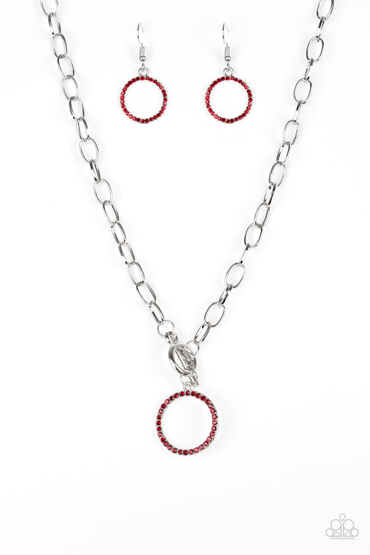 All In Favor - Red Rhinestone Encrusted Pendant Paparazzi Toggle Necklace & matching earrings