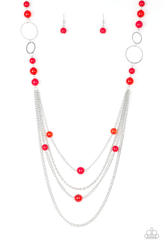 Bubbly Bright - Red Beads/Shimmery Silver Hoops/Silver Chain Necklace & matching earrings