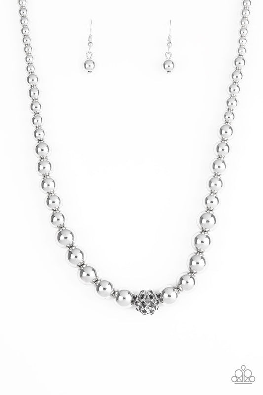 High Stakes FAME - Silver Glistening Beads/White Rhinestone Encrusted Center Bead Paparazzi Necklace & matching earrings