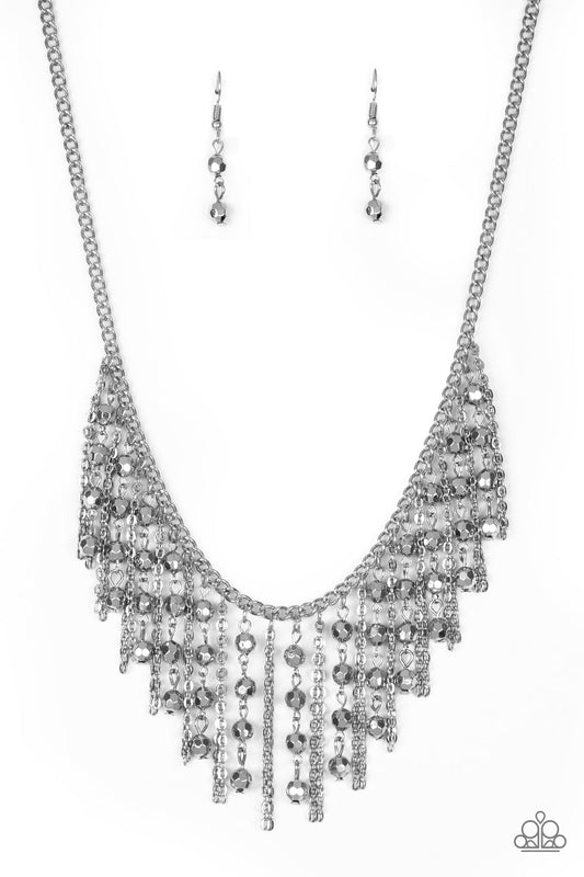 Rebel Remix - Silver Beaded Fringe Paparazzi Necklace & matching earrings