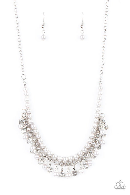 A Touch of CLASSY - Silver Pearls/White Rhinestone Flirtatious Fringe Paparazzi Necklace & matching earrings