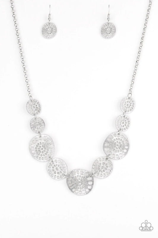 Your Own Free WHEEL - Silver Airy Stenciled Linked Disc Asymmetrical Look Necklace & matching earrings