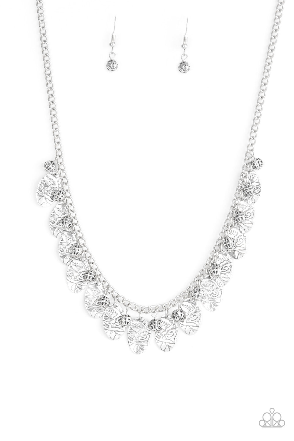 Vintage Gardens - Silver Antiqued Finish Floral Embossed Frame Necklace & matching earrings