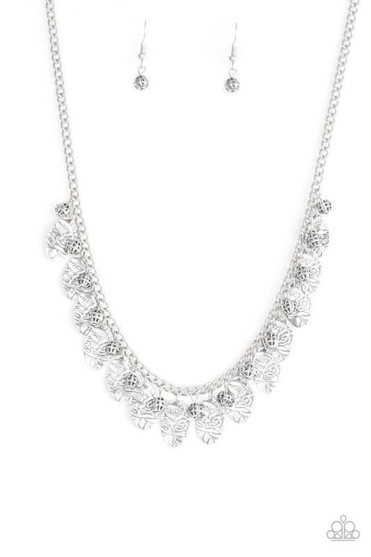 Vintage Gardens - Silver Antiqued Finish Floral Embossed Frame Necklace & matching earrings