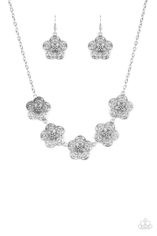 Garden Groove - Silver Ornate Flower Paparazzi Necklace & matching earrings