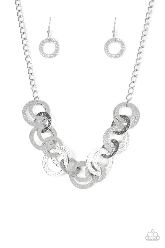 Treasure Tease - Silver Hammered Linked Disc Paparazzi Necklace & matching earrings