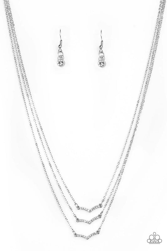 Pretty Petite - White Rhinestone Encrusted Triple Dainty Silver Chain Paparazzi Necklace & matching earrings