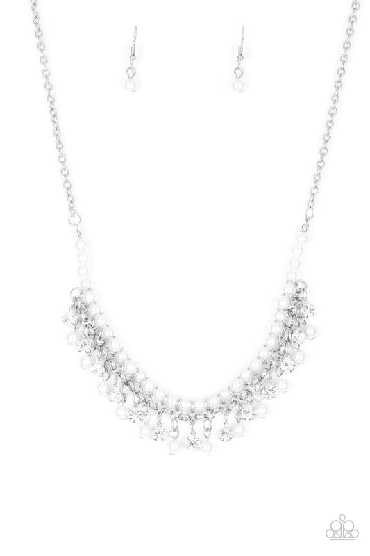 A Touch of CLASSY - White Pearl & Rhinestone Paparazzi Fringe Necklace & matching earrings