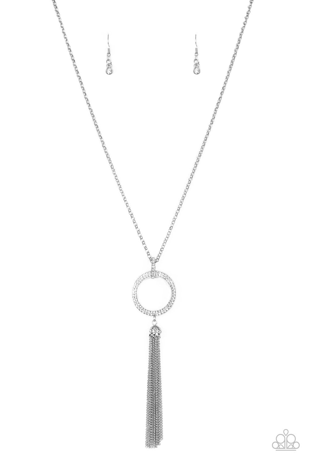 Straight to the Top - White Rhinestone Encrusted Hoop/Gunmetal Chain Tassel Paparazzi Pendant Necklace & matching earrings