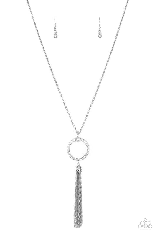 Straight to the Top - White Rhinestone Encrusted Hoop/Gunmetal Chain Tassel Paparazzi Pendant Necklace & matching earrings