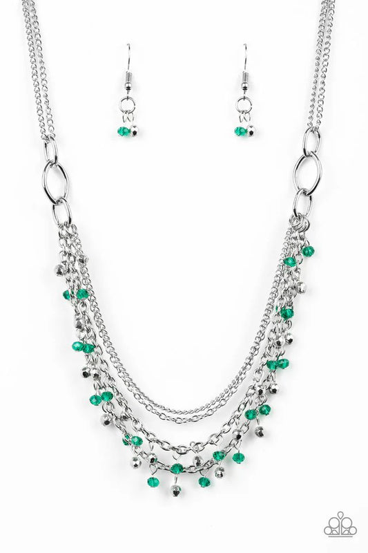 Financially Fabulous - Green & Silver Dainty Beads/Double Silver Chain Necklace & matching earrings