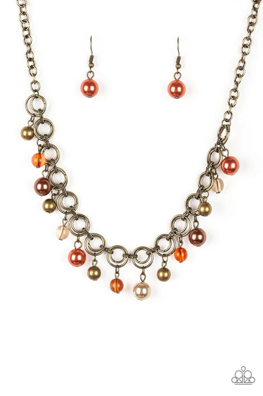Fiercely Fancy - Multi Brass, Brown, & Orange Pearl/Glassy Beaded Fringe Necklace & matching earrings