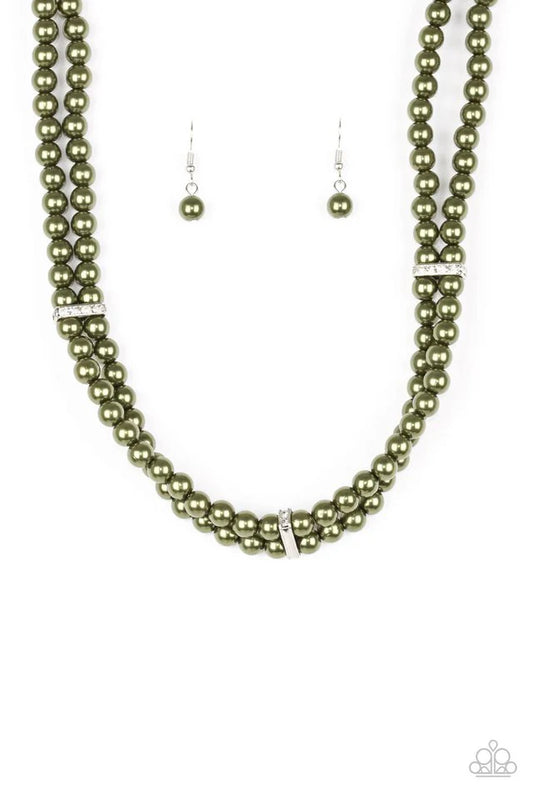 Put On Your Party Dress - Green Pearl/White Rhinestone Encrusted Frames Necklace & matching earrings