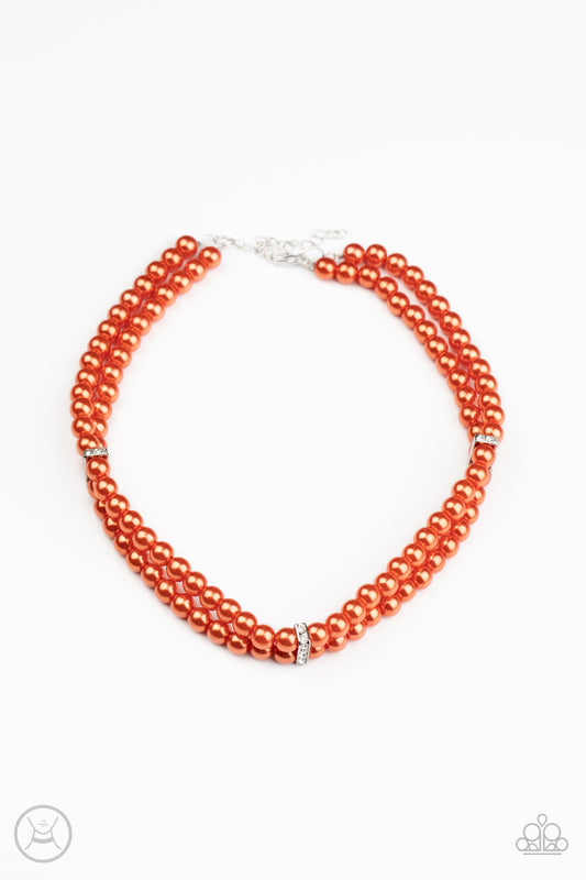 Put On Your Party Dress - Orange Pearl & White Rhinestone Accents Choker Necklace & matching earrings