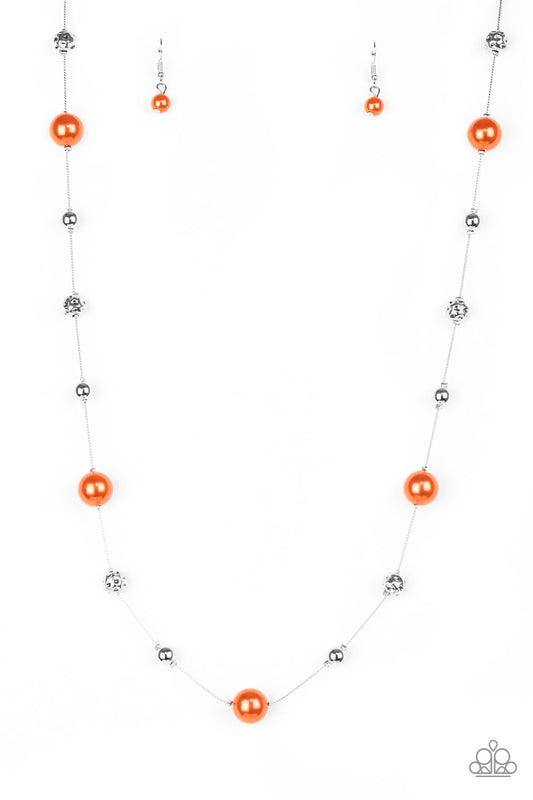 Eloquently Eloquent - Orange Pearl & Silver Beaded Elongated Paparazzi Necklace & matching earrings