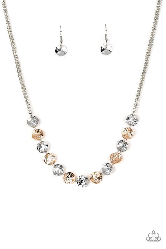 Simple Sheen - Silver & Gold Etched Linked Discs Paparazzi Necklace & matching earrings