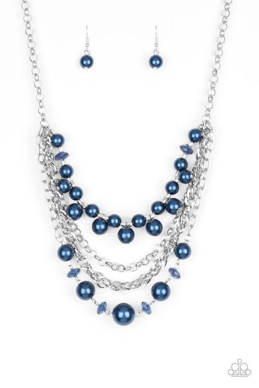 Rockin Rockette - Blue Pearls, Blue Crystal-Like Beads, Faceted Silver Beads/Mismatched Silver Chain Necklace & matching earrings