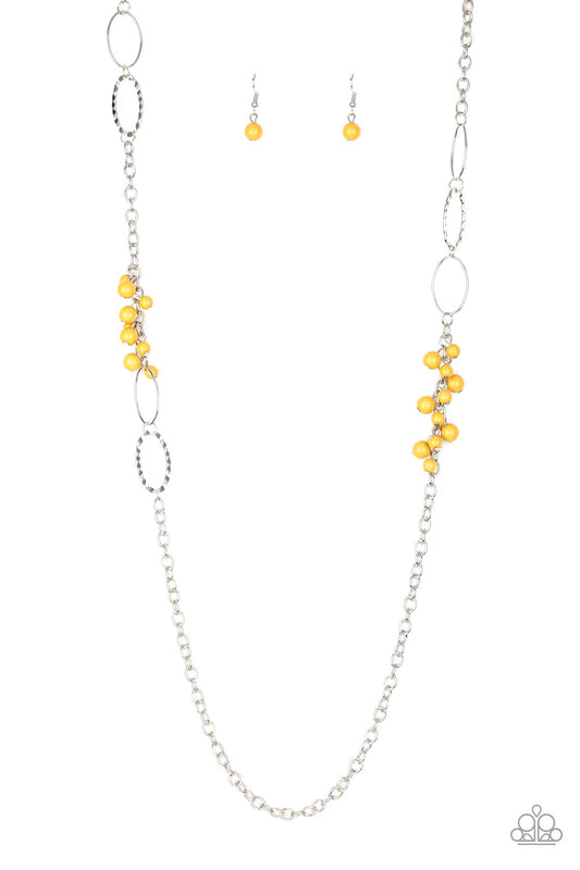 Flirty Foxtrot - Yellow Beaded Clusters/Smooth & Hammered Silver Rings Necklace & matching earrings