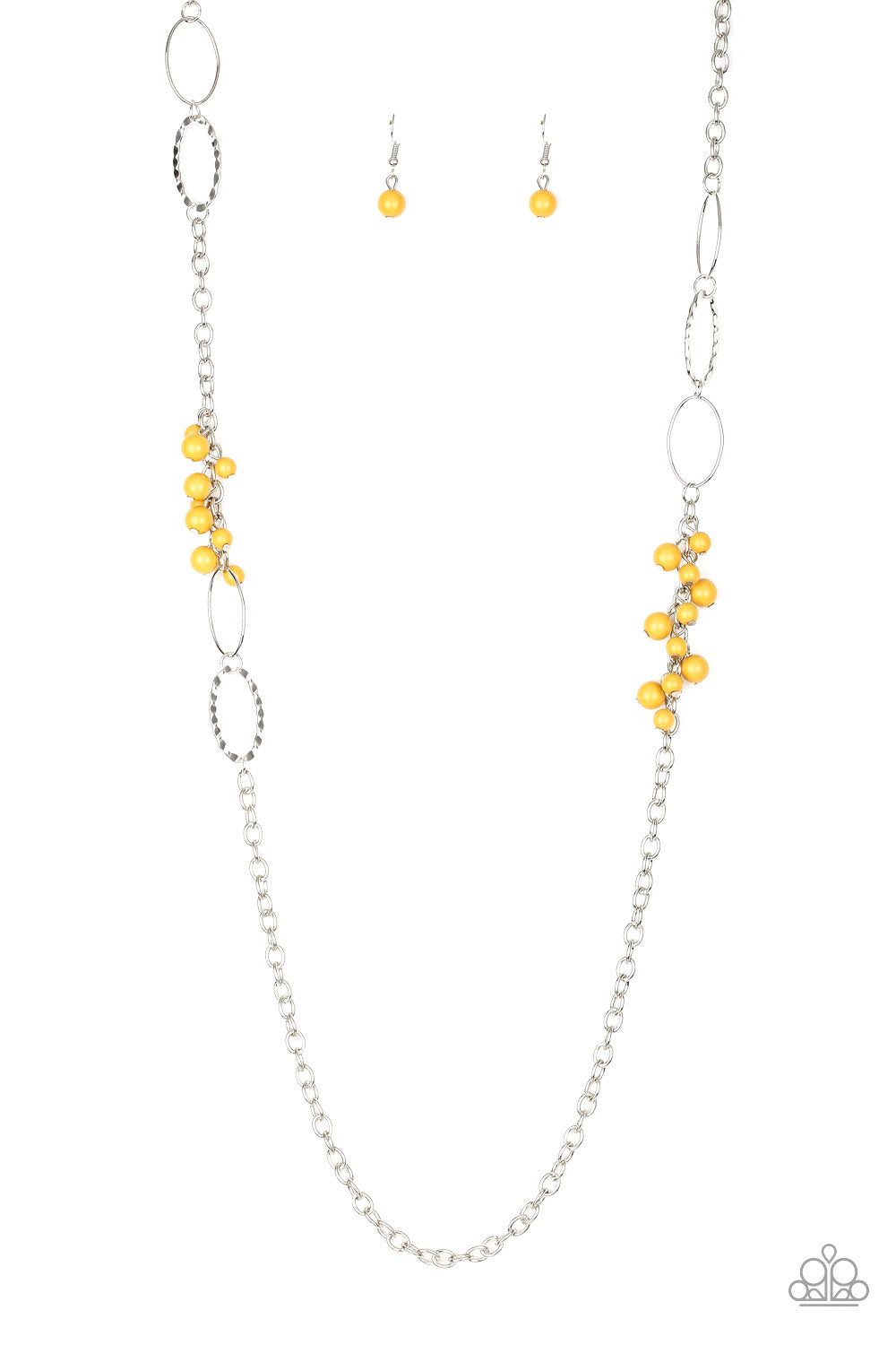 Flirty Foxtrot - Yellow Beaded Clusters/Smooth & Hammered Silver Rings Necklace & matching earrings