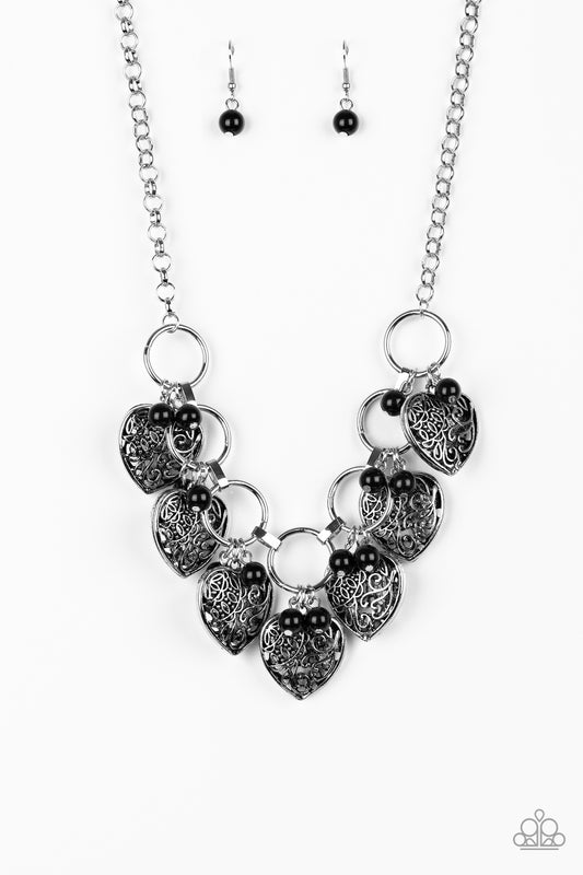 Very Valentine - Black Bead & Heart Charm Paparazzi Necklace & matching earrings
