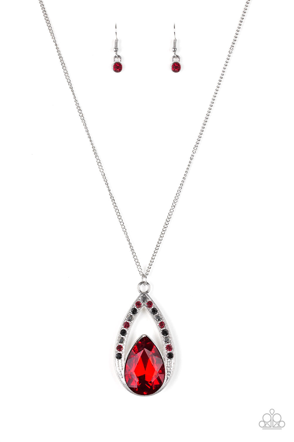 Notorious Noble - Multi Red Teardrop Gem/Black, Hematite & Red Rhinestone Pendant Necklace & matching earrings