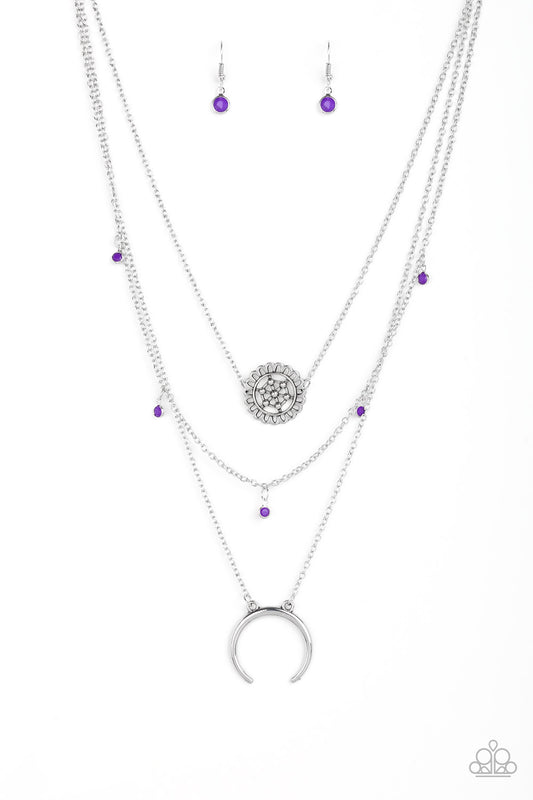 Lunar Lotus - Purple Beads/Silver Floral Frame/Silver Crescent Frame Paparazzi Necklace & matching earrings