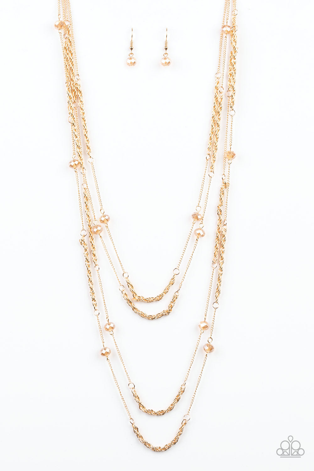 Open For Opulence - Gold Crystal-Like Bead/3 Silver Mismatched Chain Paparazzi Necklace & matching earrings