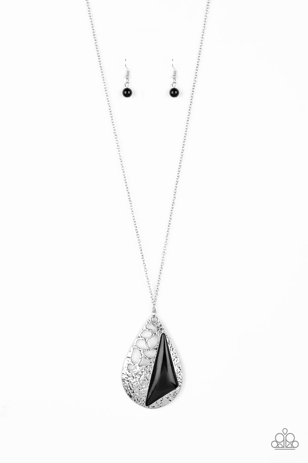 Impressive Edge - Black Triangular Shape Bead/Hammered Silver Teardrop Edgy Look Pendant Necklace & matching earrings