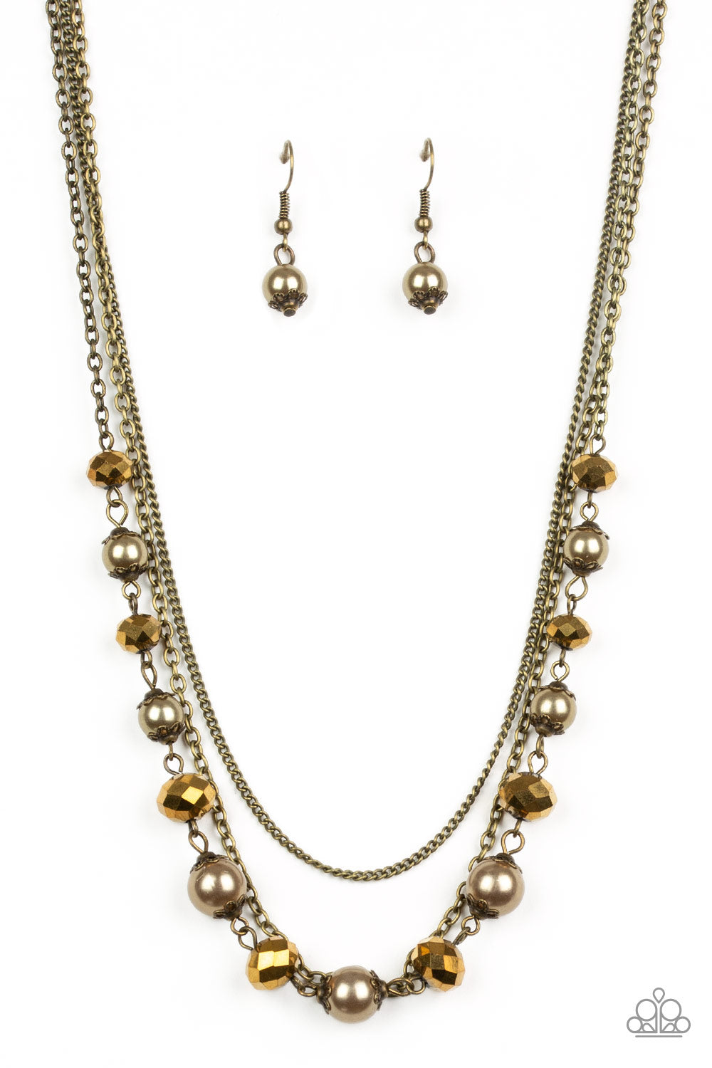 Tour de Demure - Brass Dainty Chains/Brass Pearly Beads/Aurum Rhinestone Double Layer Necklace & matching earrings