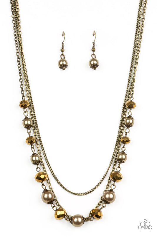 Tour de Demure - Brass Dainty Chains/Brass Pearly Beads/Aurum Rhinestone Double Layer Necklace & matching earrings