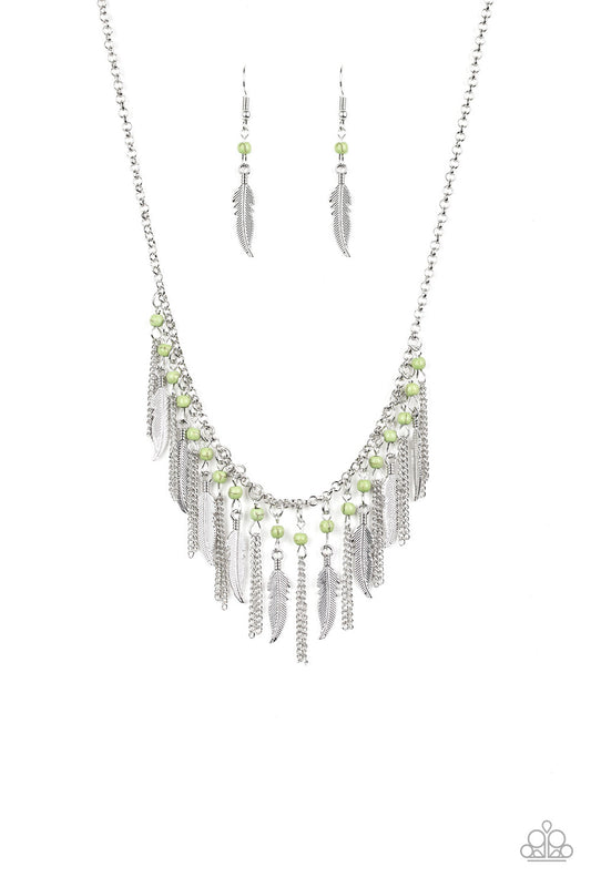 Feathered Ferocity - Green Bead/Silver Feather Paparazzi Necklace & matching earrings