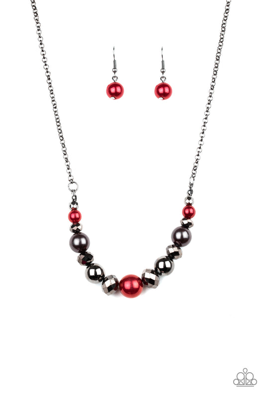 The Big-Leaguer - Multi Red & Gunmetal Pearls/Crystal-Like Hematite Beaded Invisible Wire Paparazzi Necklace & matching earrings