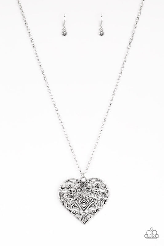 Classic Casanova - Silver Oversized Heart Pendant Necklace & matching earrings